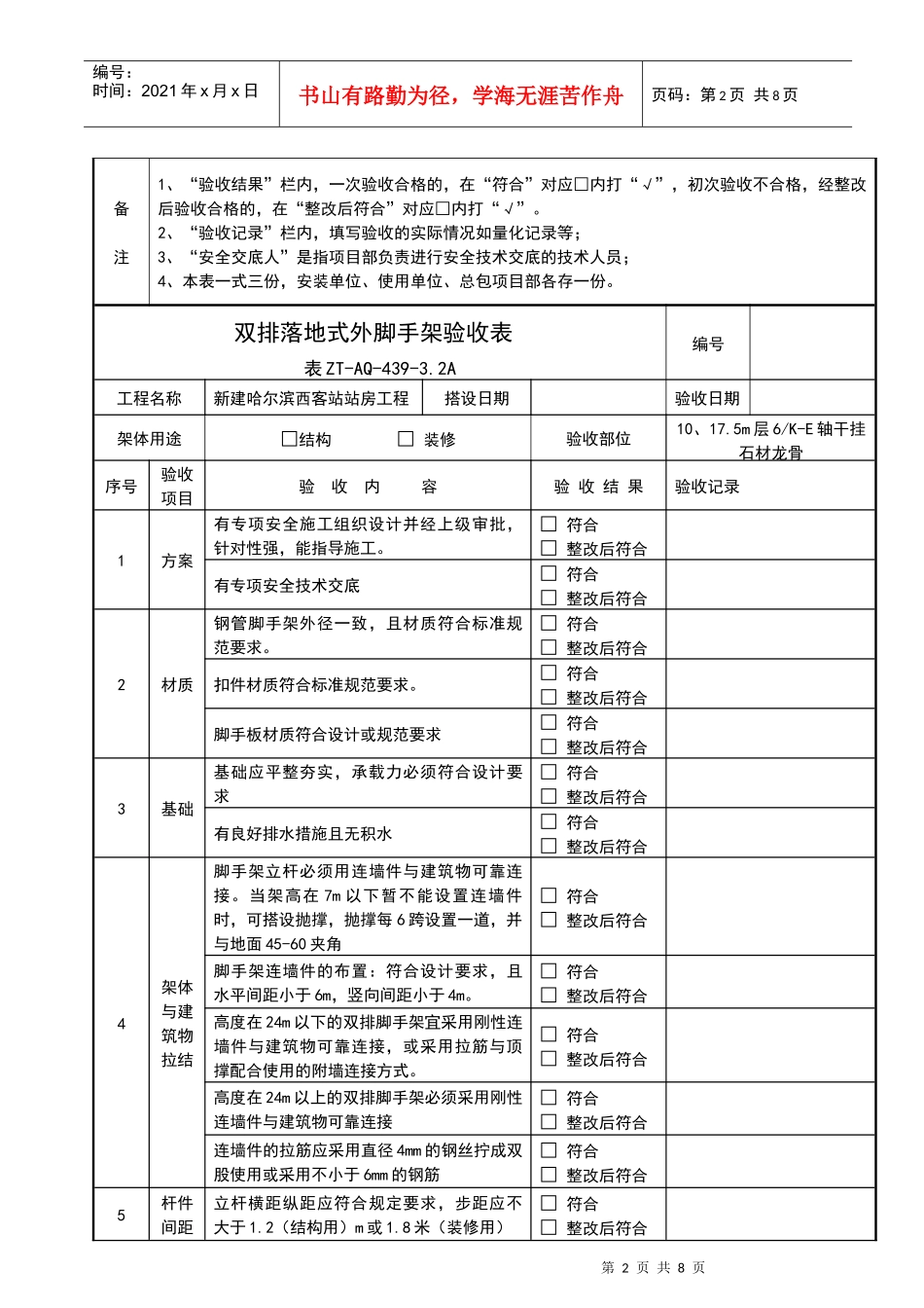建筑工程--双排落地式外脚手架验收表_第2页