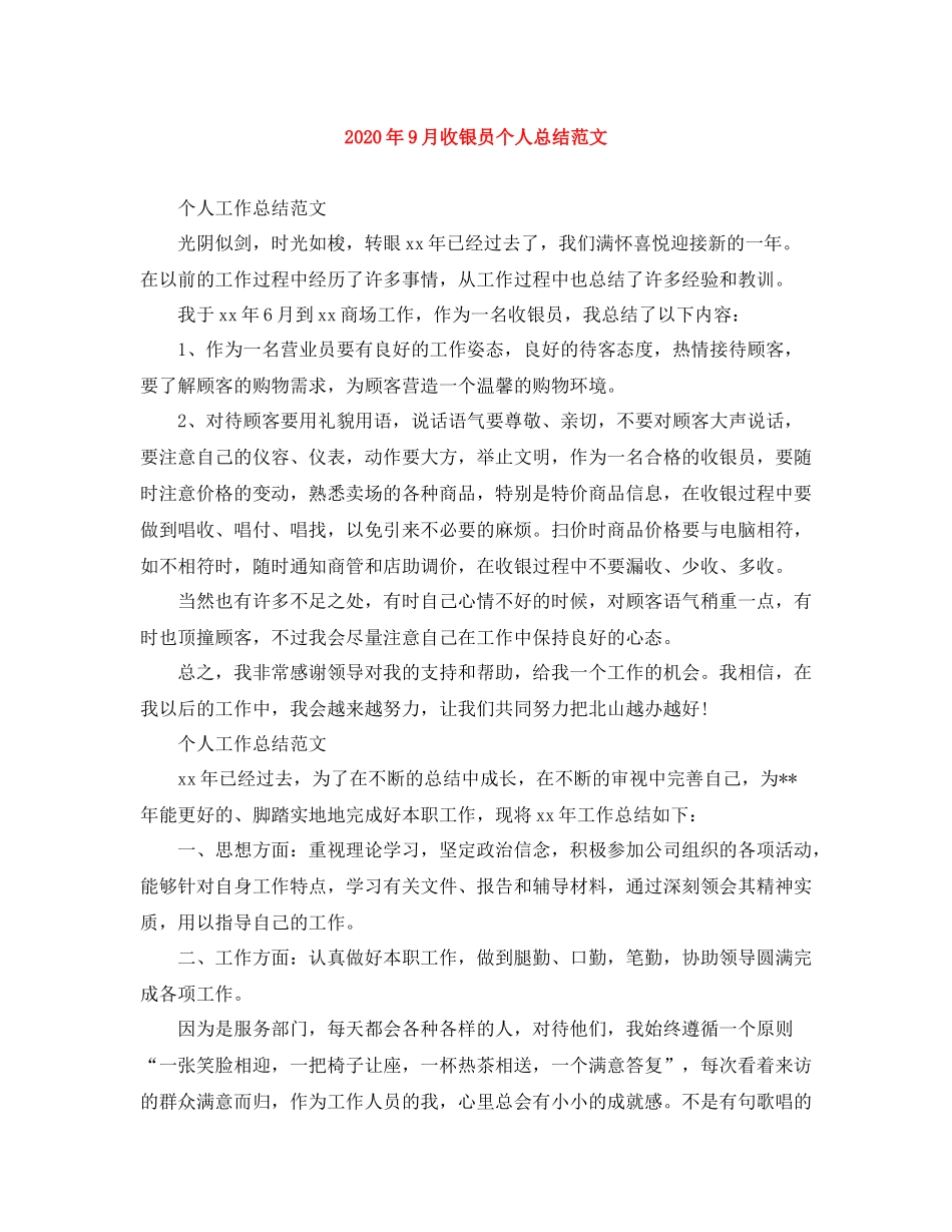 2020年9月收银员个人总结范文_第1页