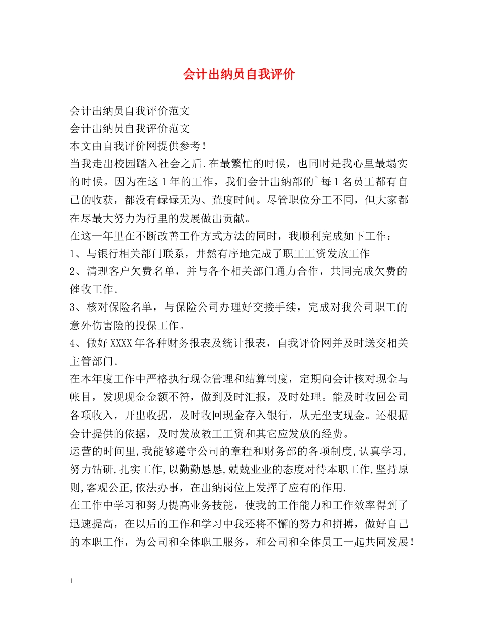会计出纳员自我评价 _第1页