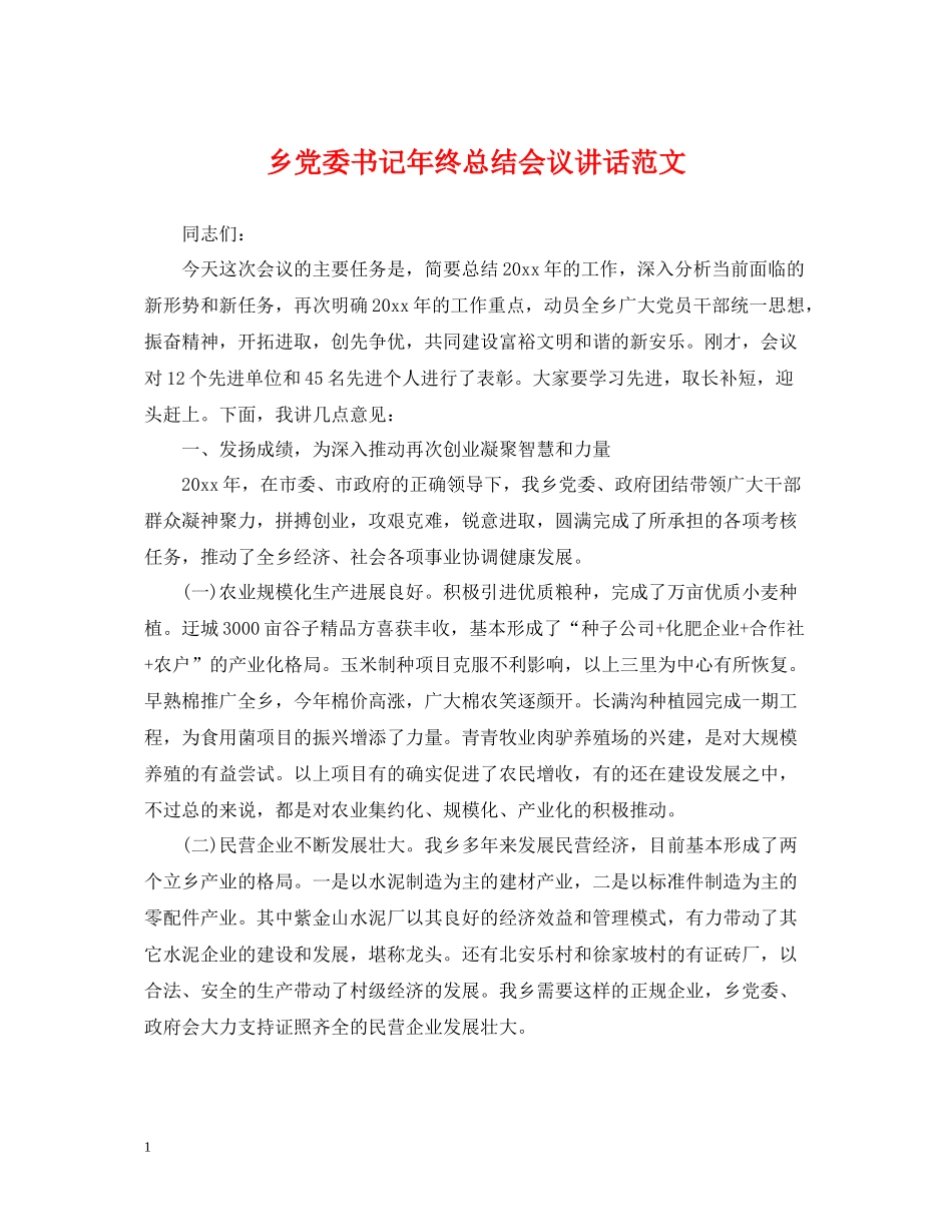 乡党委书记年终总结会议讲话范文_第1页