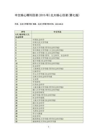中文核心期刊目录(2015年)北大核心目录(第七版)