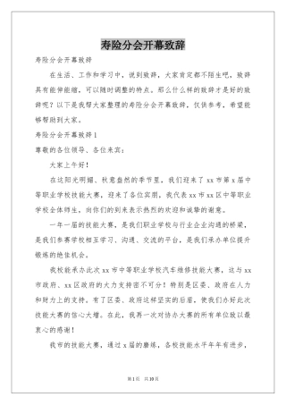寿险分会开幕致辞
