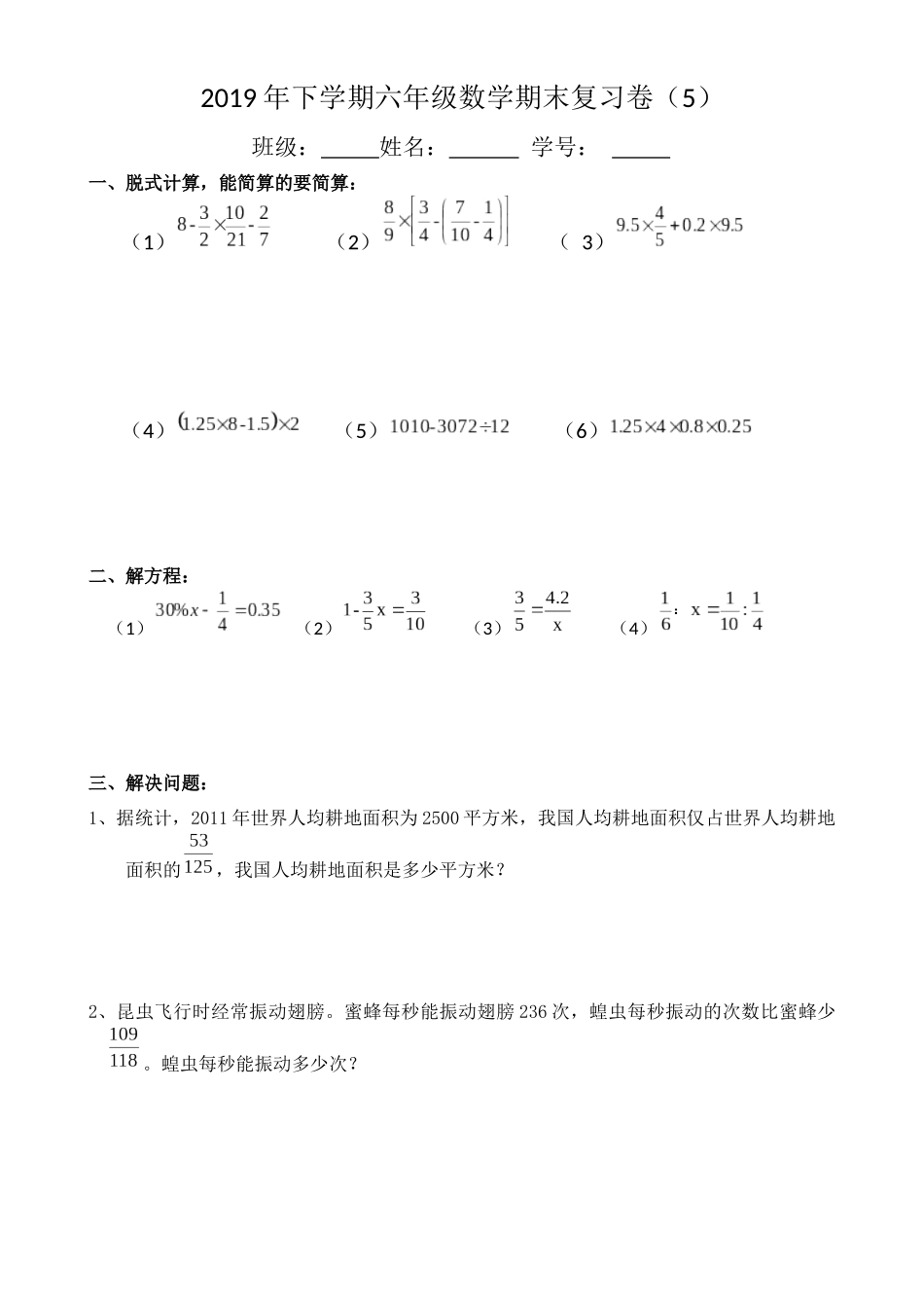 2019年下学期六年级期末复习卷（5）_第1页