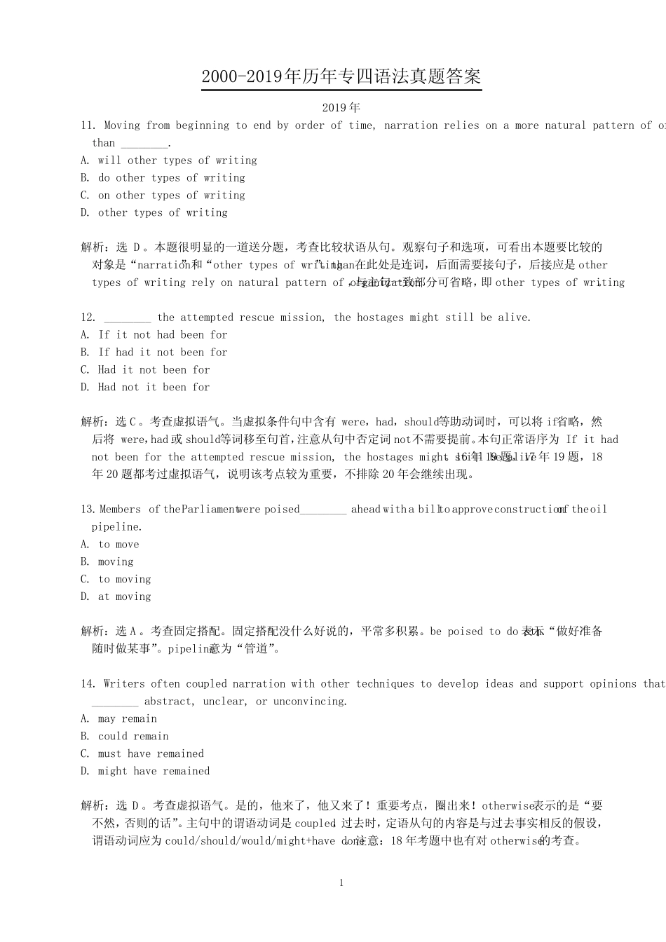 2000-2019历年专四语法真题参考答案 _第1页