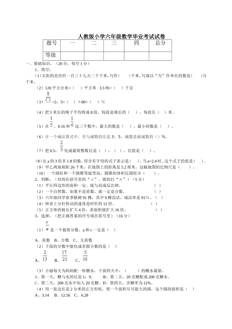 人教版小学六年级数学毕业考试试卷_第1页