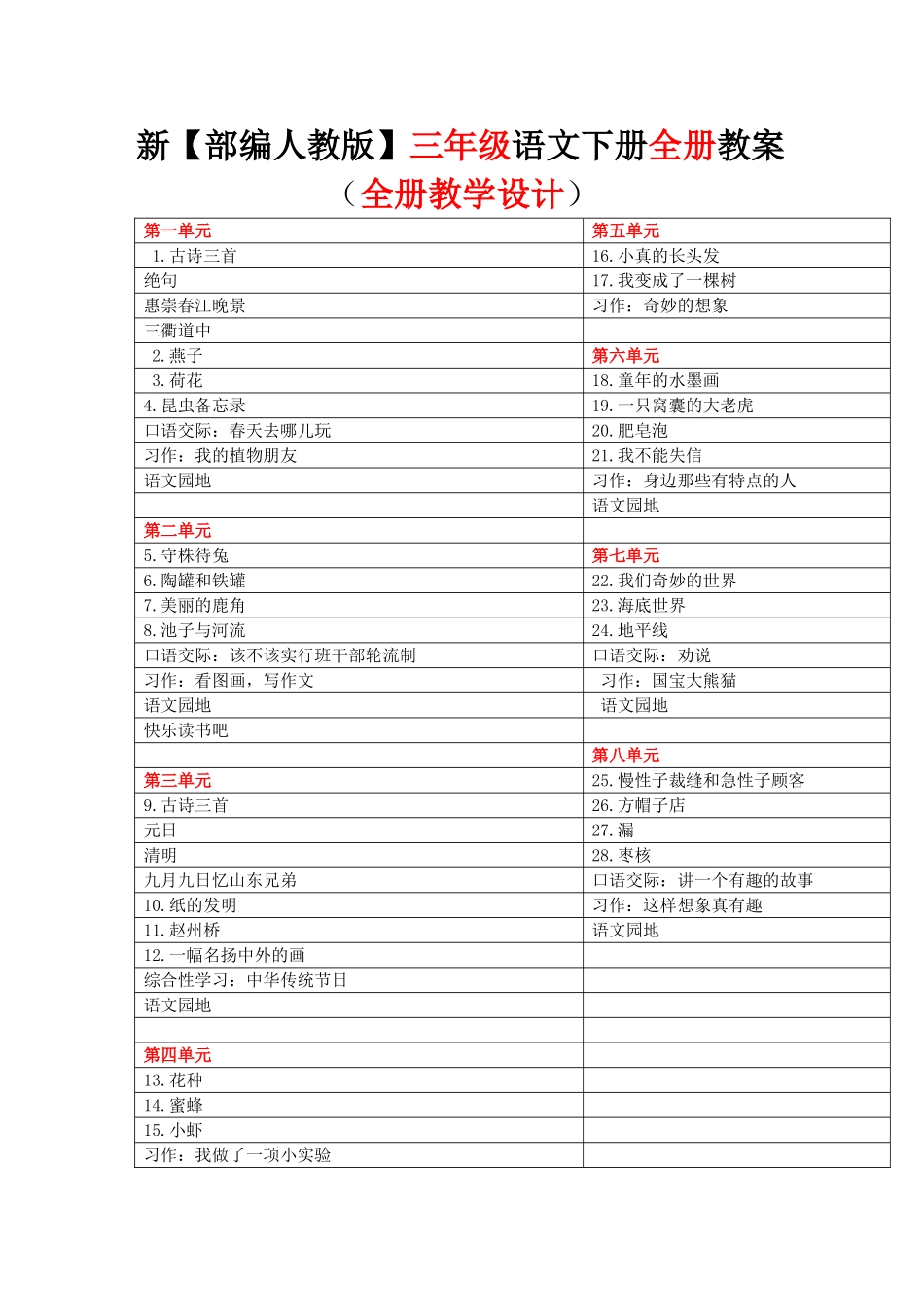 2019部编三年级下册语文全册教案(1)_第1页