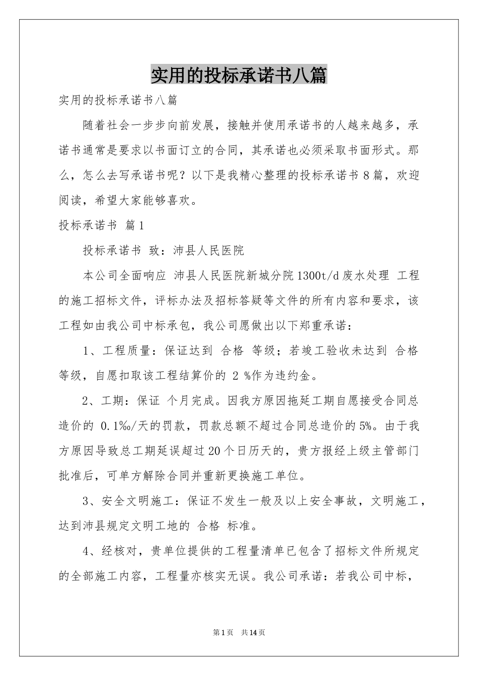 实用的投标承诺书八篇_第1页