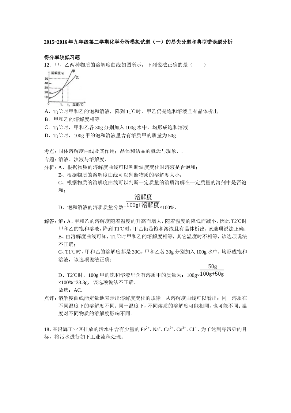 2015~2016年九年级第二学期化学分析模拟试题（一）的易失分题和典型错误题_第1页