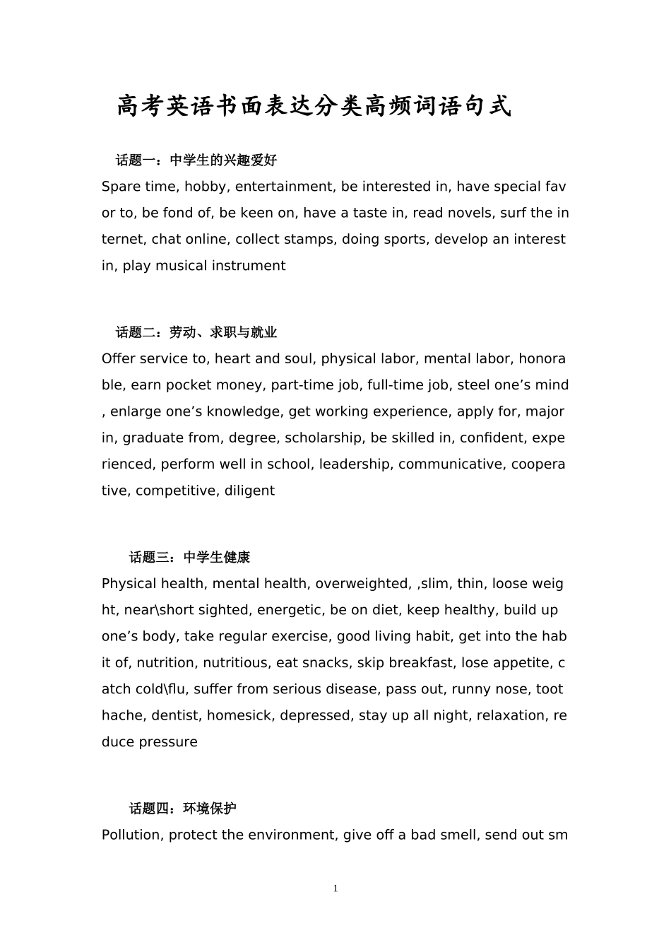 E高考英语书面表达分类高频词语句式_第1页