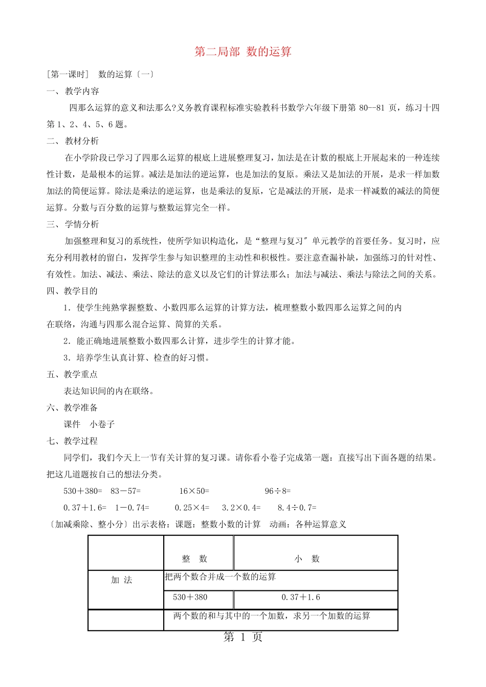 (人教新课标版)六年级数学下册 第六单元《第二部分 数的运算》教案_第1页