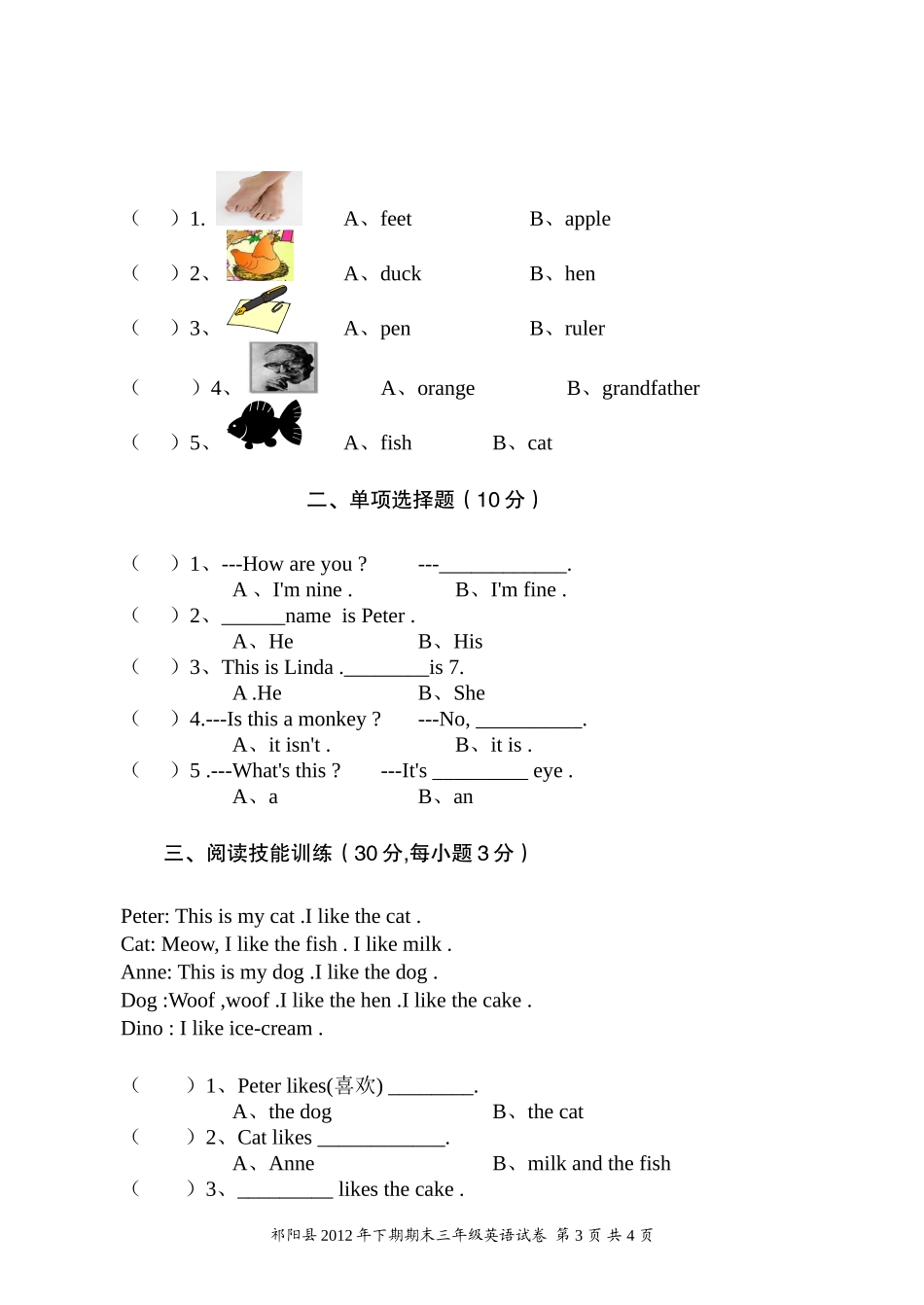 湘少版三年级下英语期末试卷_第3页