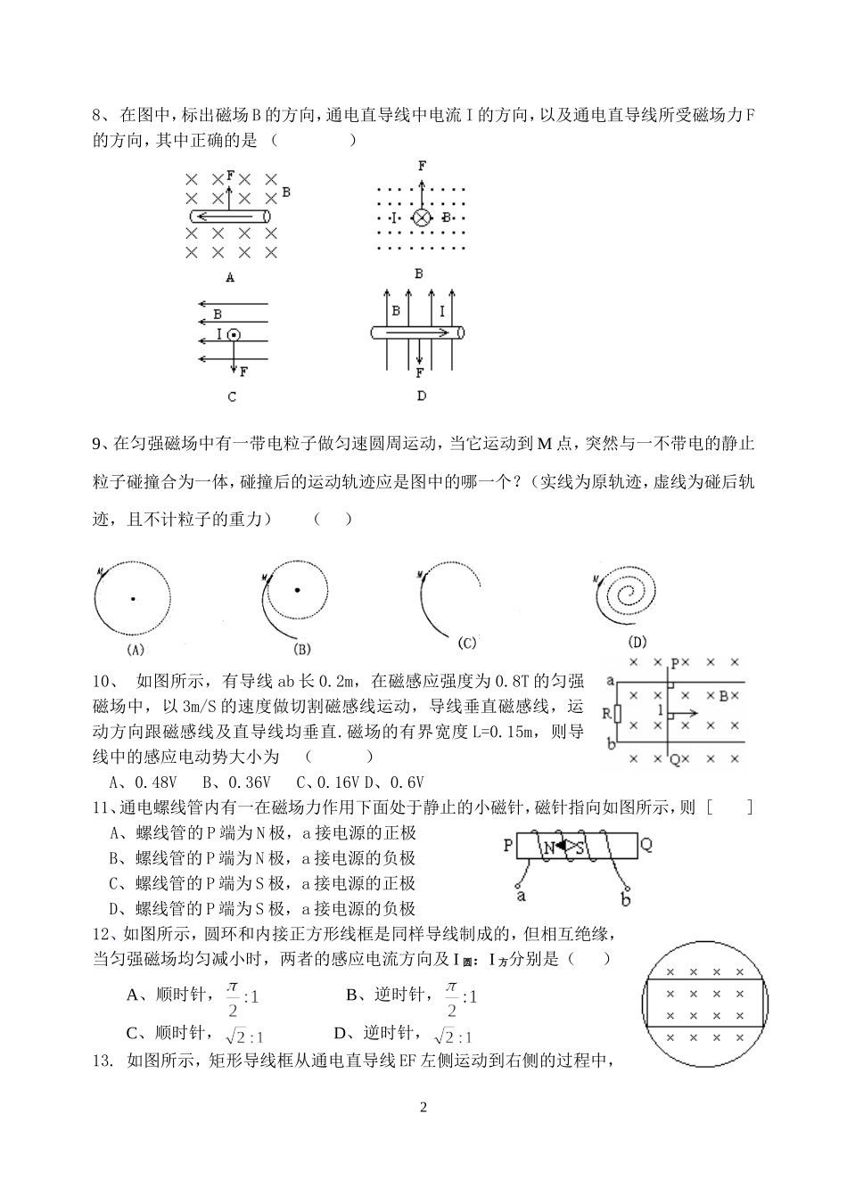 宜山高中高二物理单元测试——磁场电磁感应_第2页