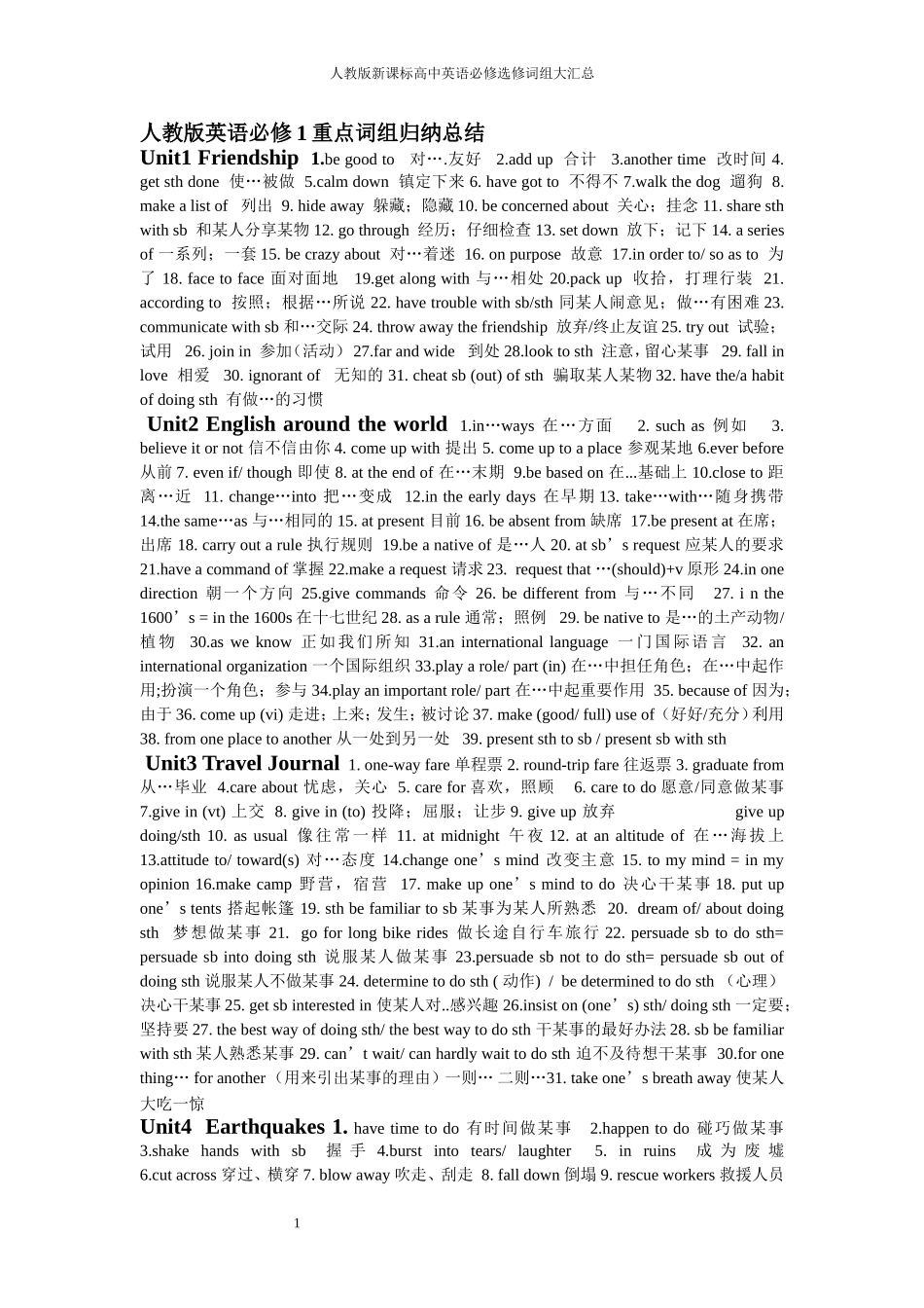 人教版英语必修1-选修11重点词组归纳总结（元）_第1页