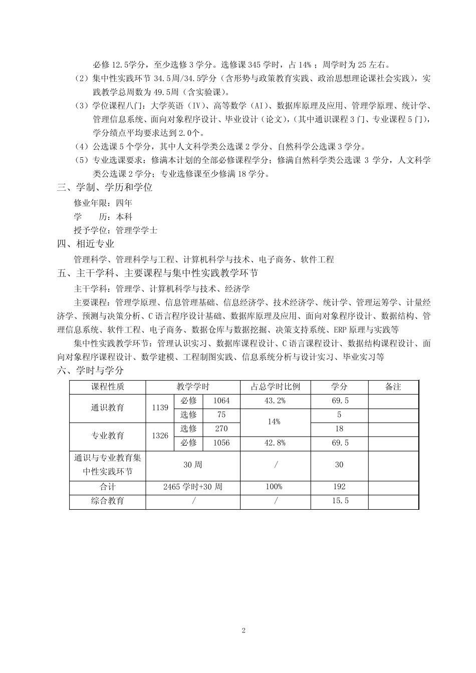 信息管理与信息系统专业本科人才培养计划 _第2页