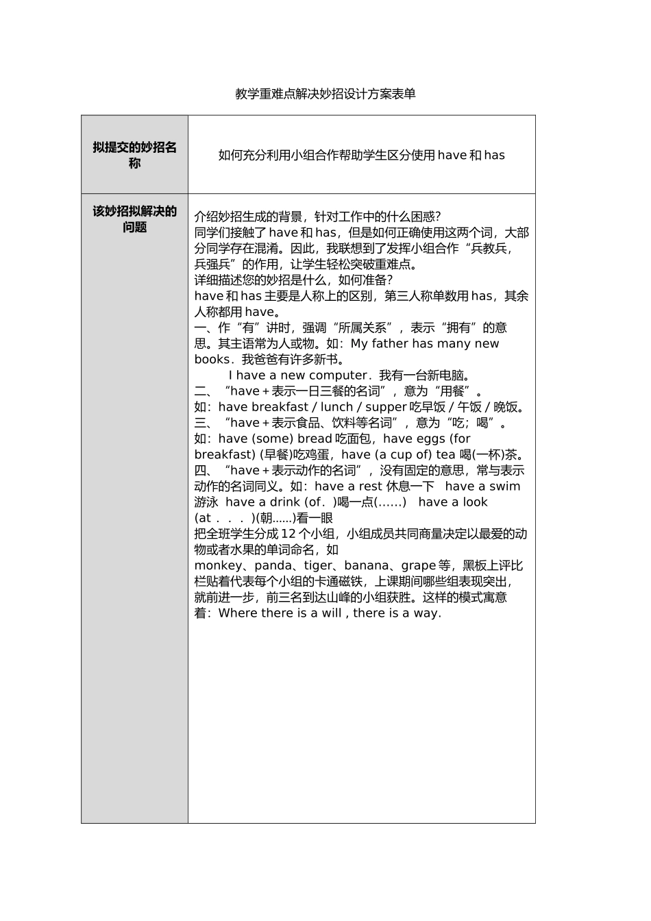 教学重难点解决妙招设计方案表单_第1页