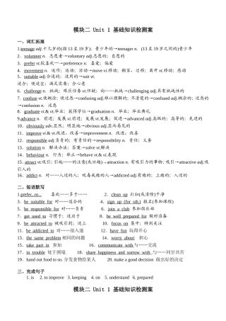 必修一模块2unit1基础知识检测案讲义