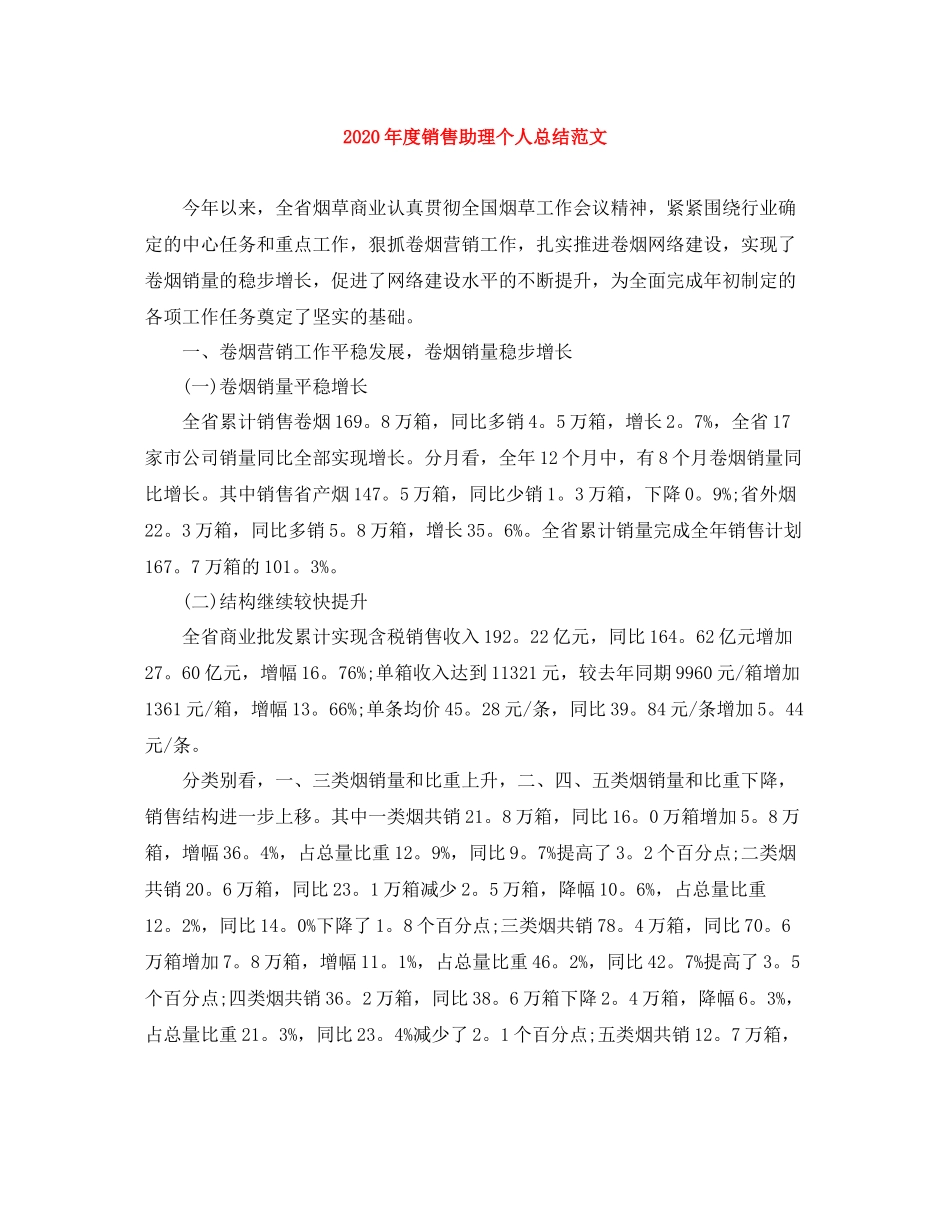 2020年度销售助理个人总结范文_第1页