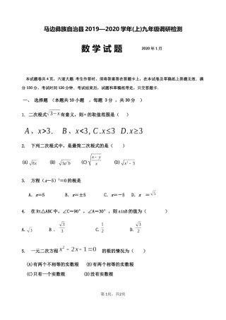 2019-2020学年四川省东山市马边彝族自治县(上)九年级调研检测数学试题（无答案）