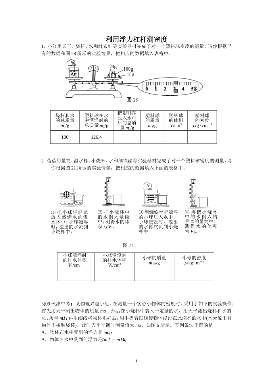 利用浮力杠杆测密度专题训练_第1页