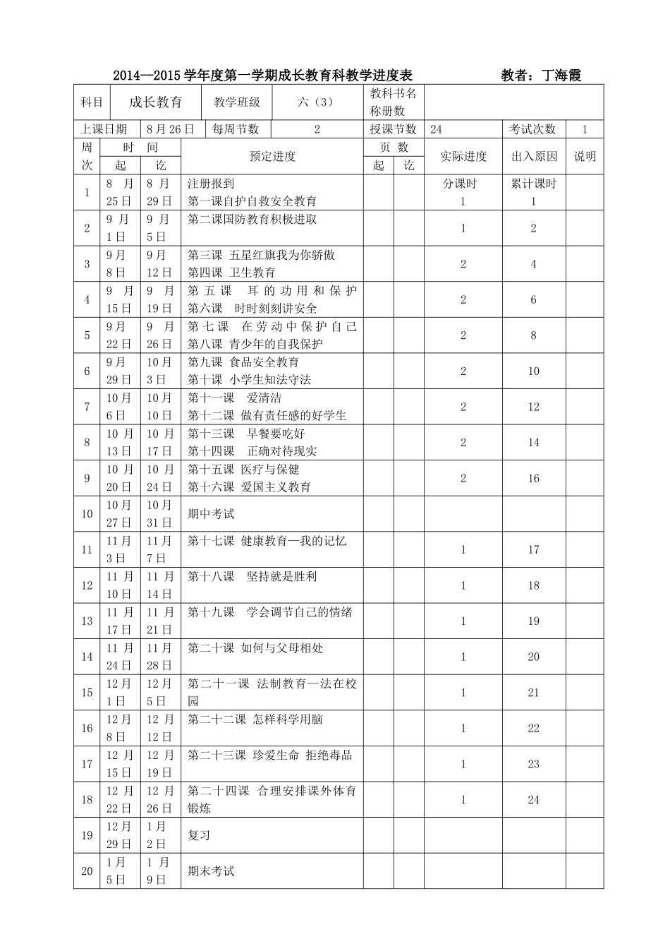 2013年六年级成长教育进度计划(1)_第1页