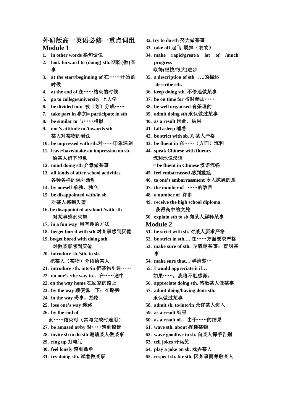 外研版高一英语必修一重点核心词组Module_1-7_第1页