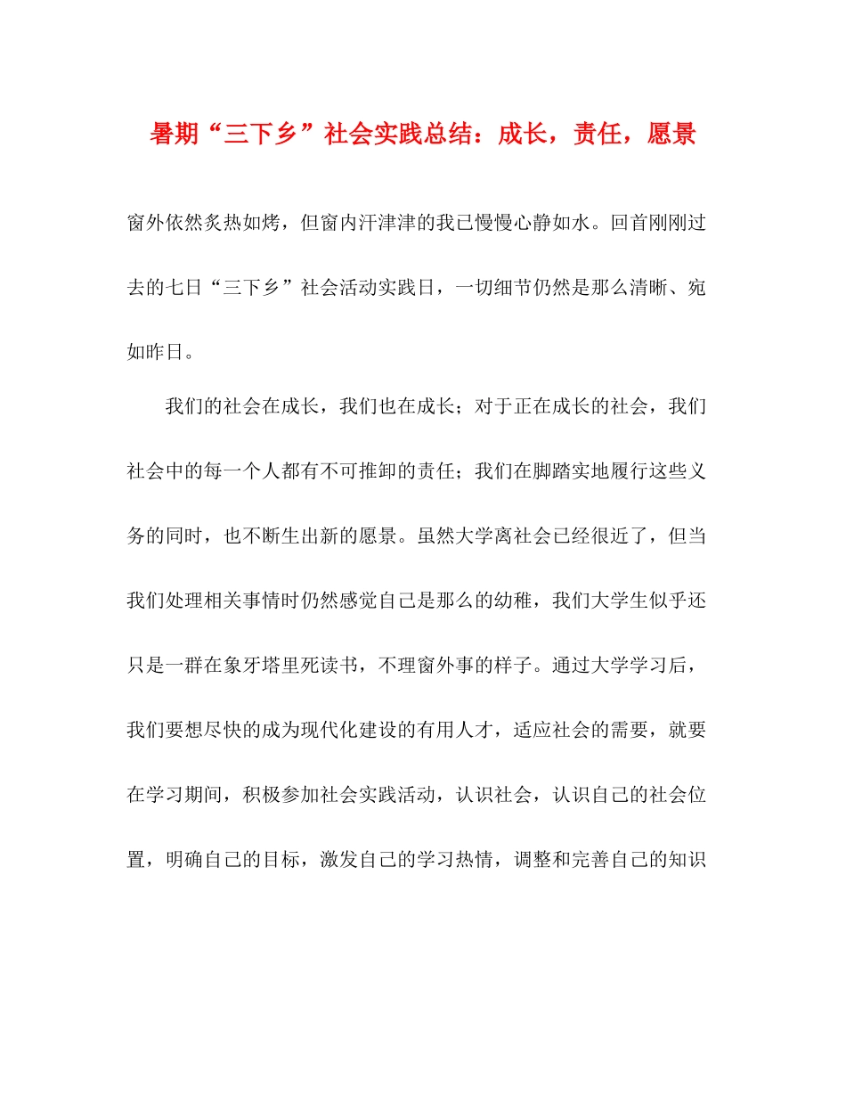 暑期三下乡社会实践总结成长，责任，愿景_第1页