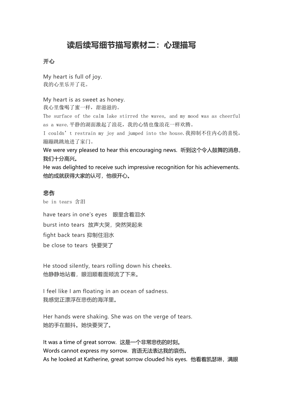 高三英语读后续写细节描写素材_第1页