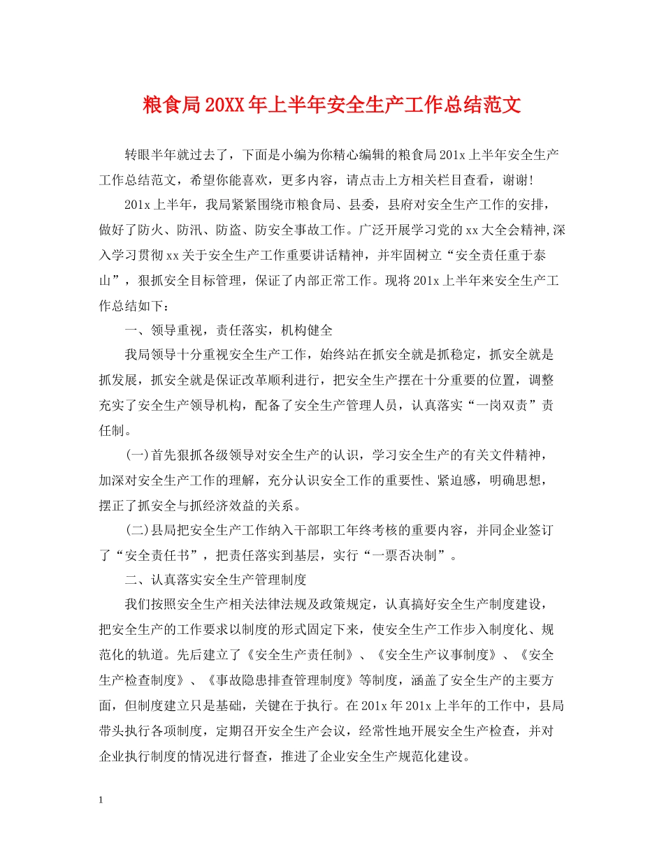 粮食局上半年安全生产工作总结范文_第1页