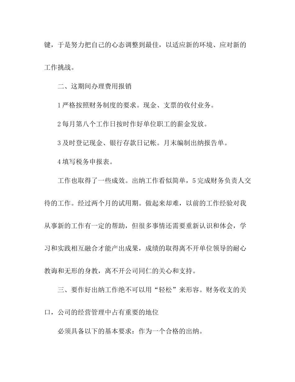 应届毕业生出纳试用期工作总结范文_第2页