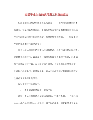 应届毕业生出纳试用期工作总结范文