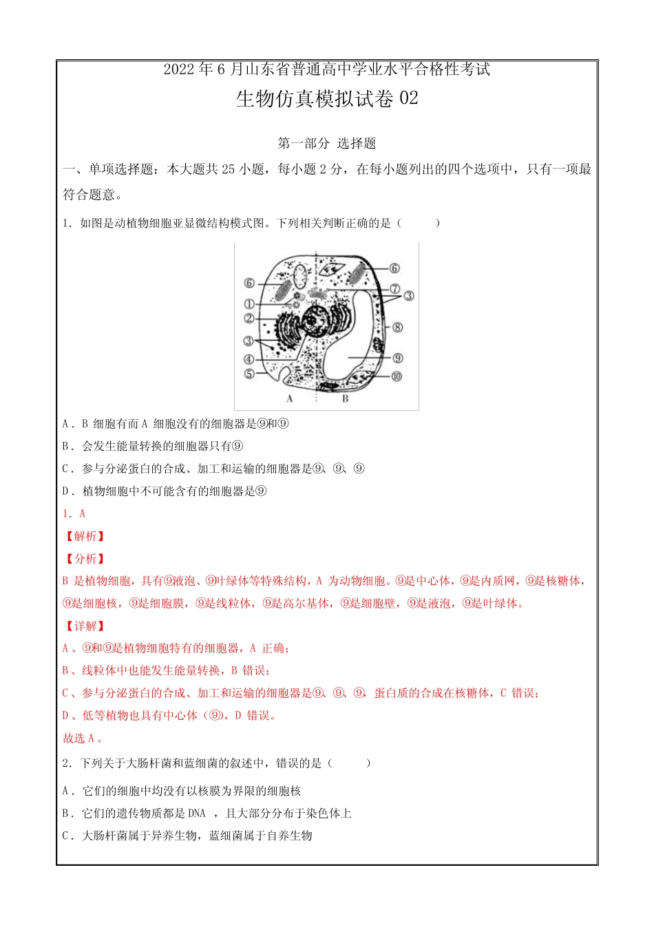 2022年6月山东省普通高中学业水平考试生物仿真模拟试卷02(解析_第1页