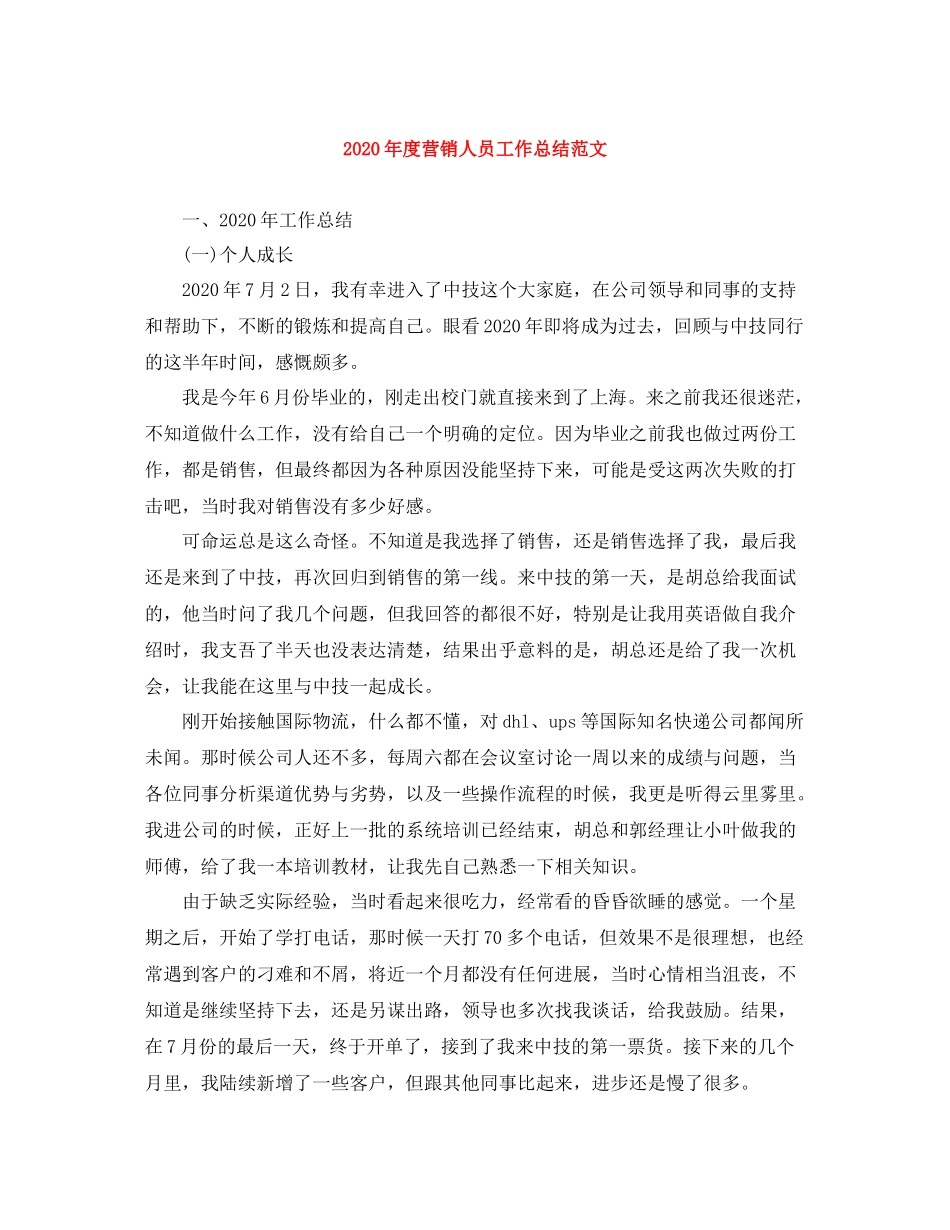 2020年度营销人员工作总结范文_第1页