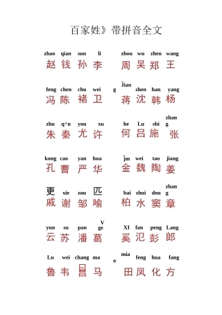 (完整版)百家姓带拼音全文