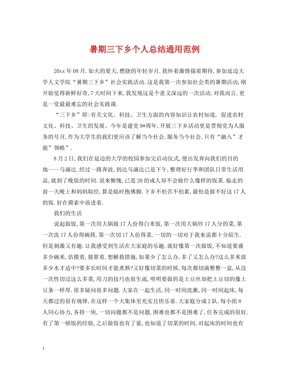 暑期三下乡个人总结通用范例_第1页