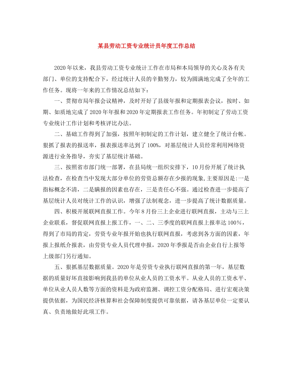 某县劳动工资专业统计员年度工作总结_第1页