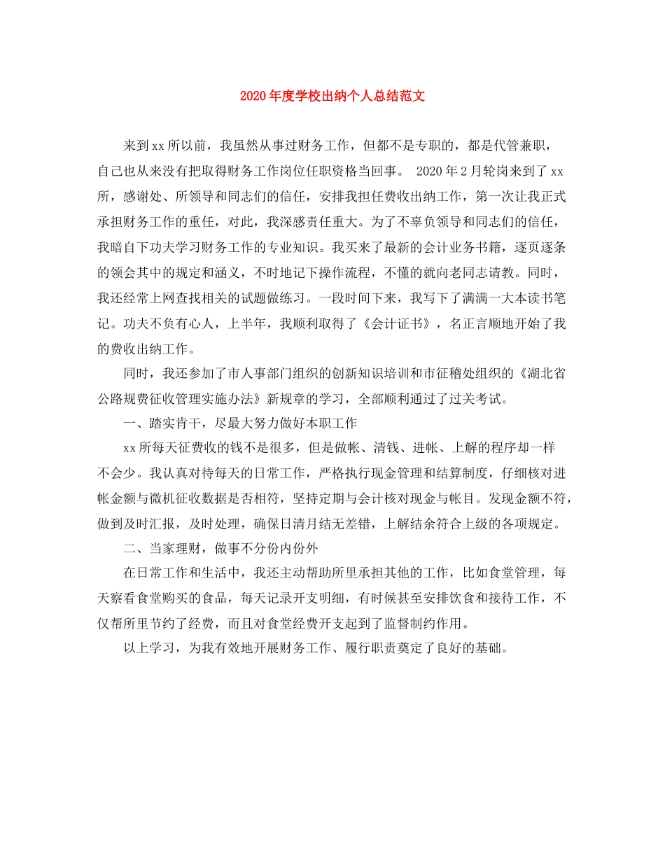 2020年度学校出纳个人总结范文_第1页