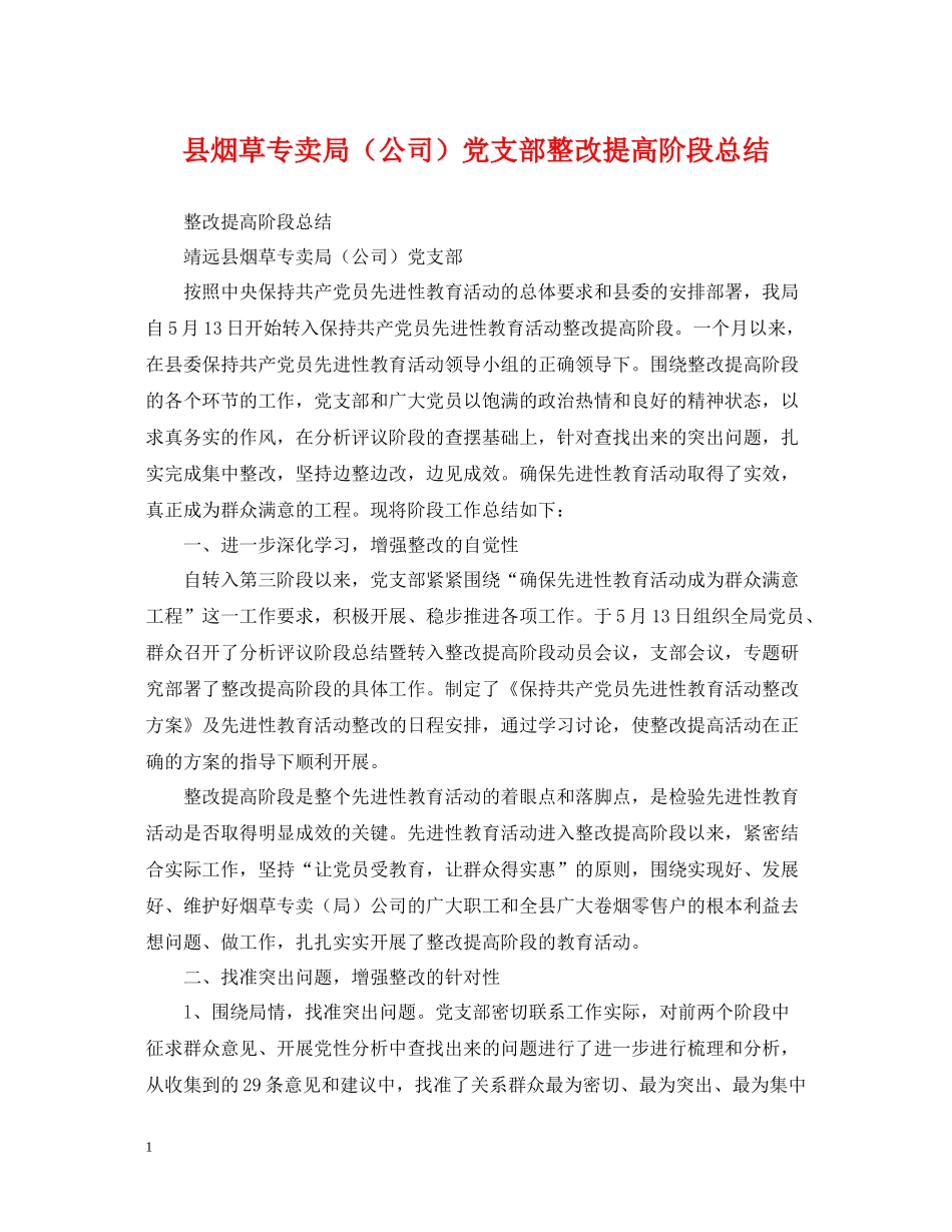 县烟草专卖局（公司）党支部整改提高阶段总结2_第1页