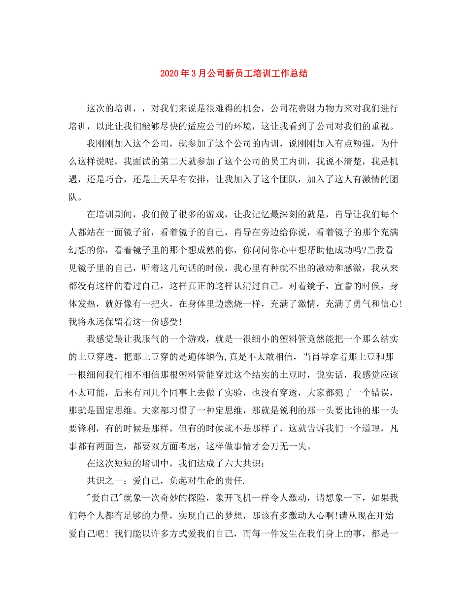 2020年3月公司新员工培训工作总结_第1页