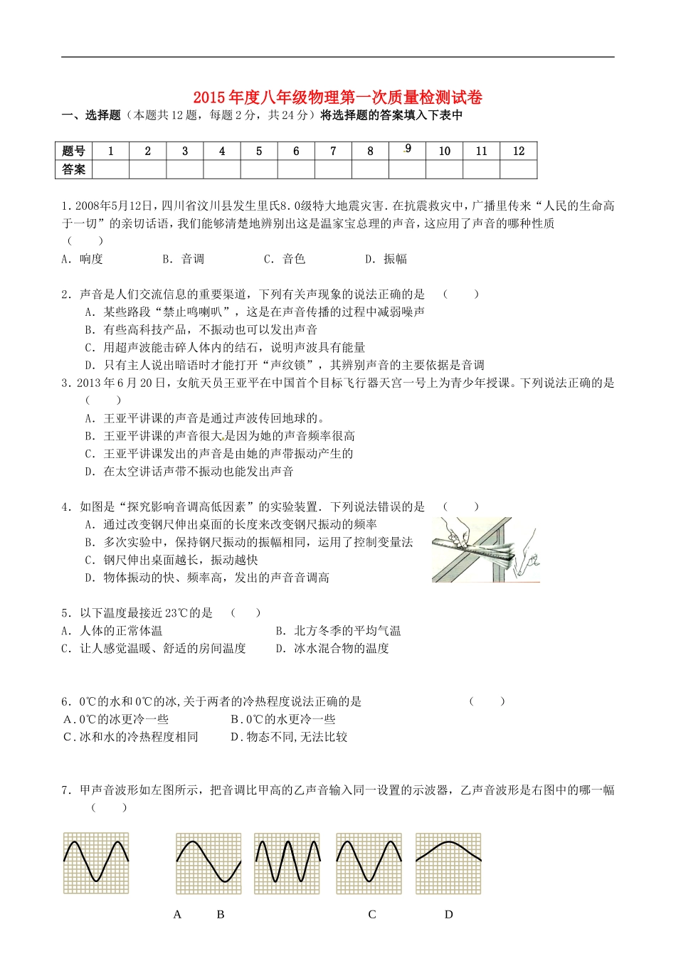 江苏省丹阳市里庄初级中学2015_2016学年八年级物理上学期第一次月考试题无答案苏科版_第1页