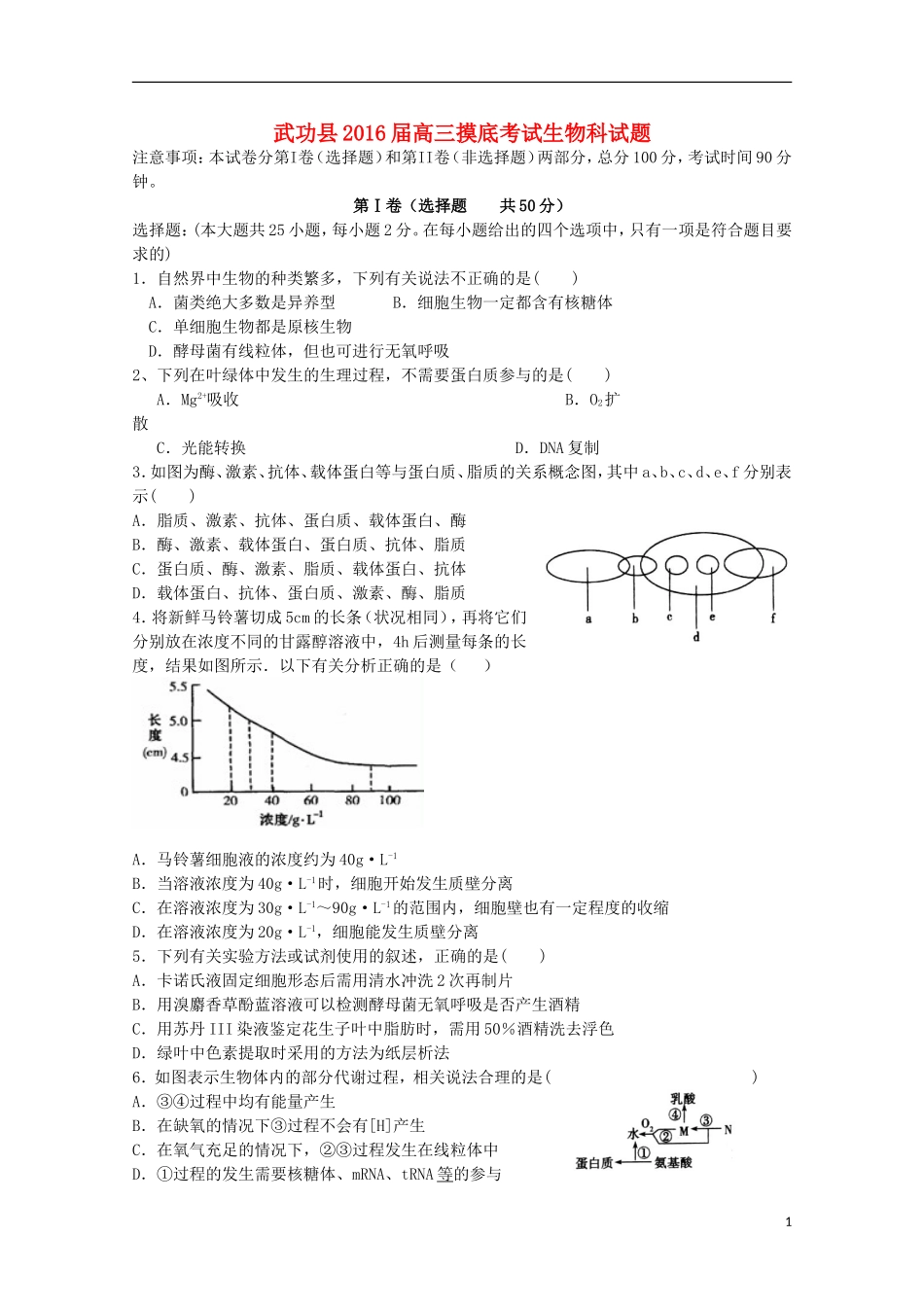 陕西省咸阳市武功县2016届高三生物上学期摸底考试试题_第1页