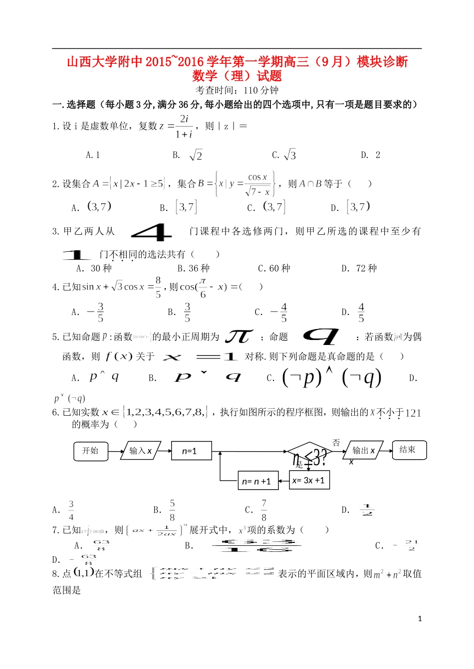 山西省山大附中2015_2016学年高三数学9月第一学期模块诊断试题理_第1页