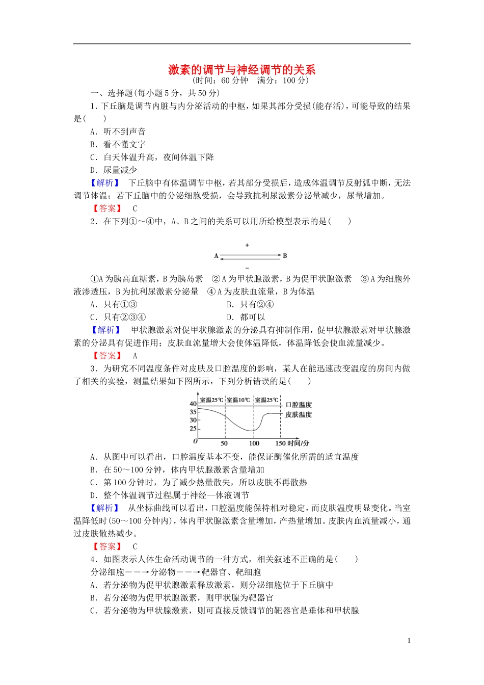 2016届高考生物总复习激素的调节与神经调节的关系试题含解析_第1页