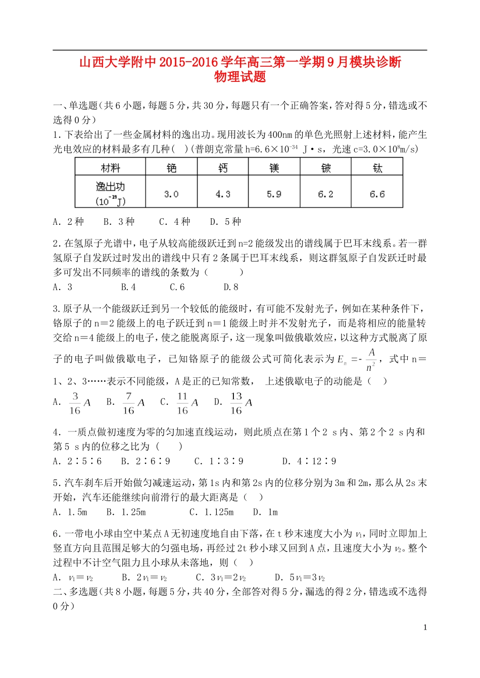 山西省山大附中2015_2016学年高三物理9月第一学期模块诊断试题_第1页