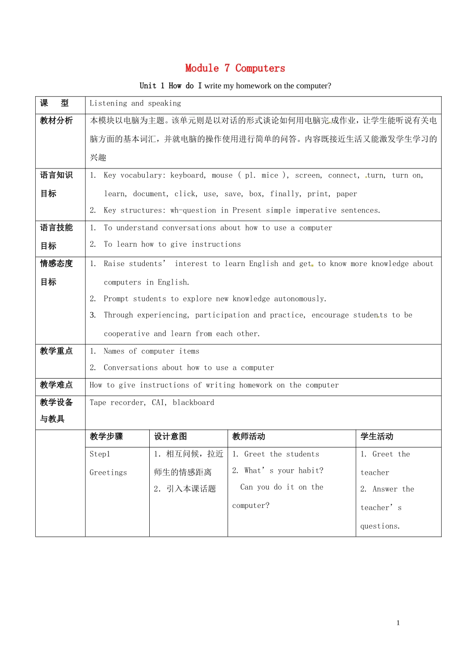 山东省冠县第一中学七年级英语上册Module7ComputersUnit1HowdoIwritemyhomeworkonthecomputer教案新版外研版_第1页