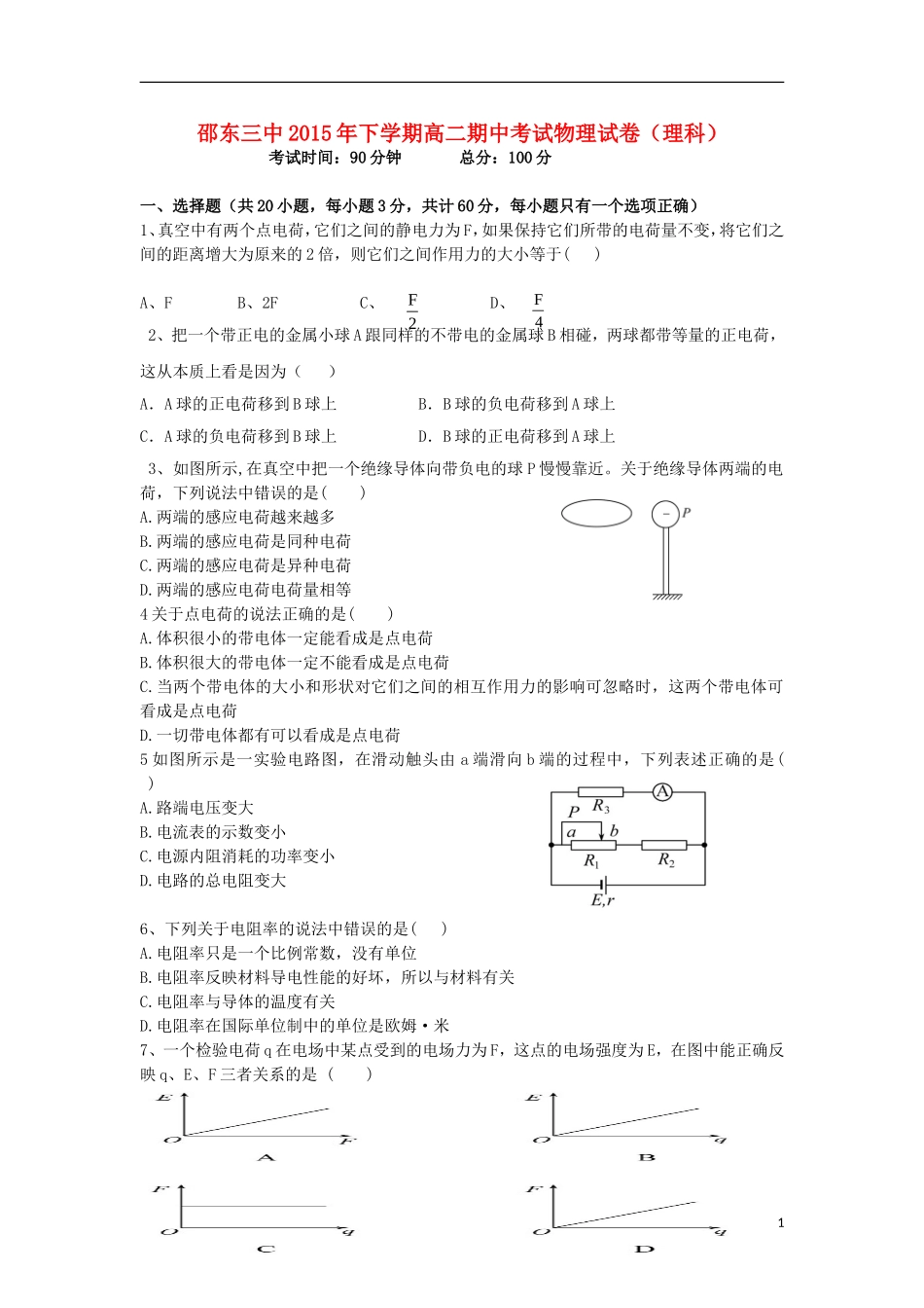 湖南省邵阳市邵东县第三中学2015_2016学年高二物理上学期期中试题理_第1页