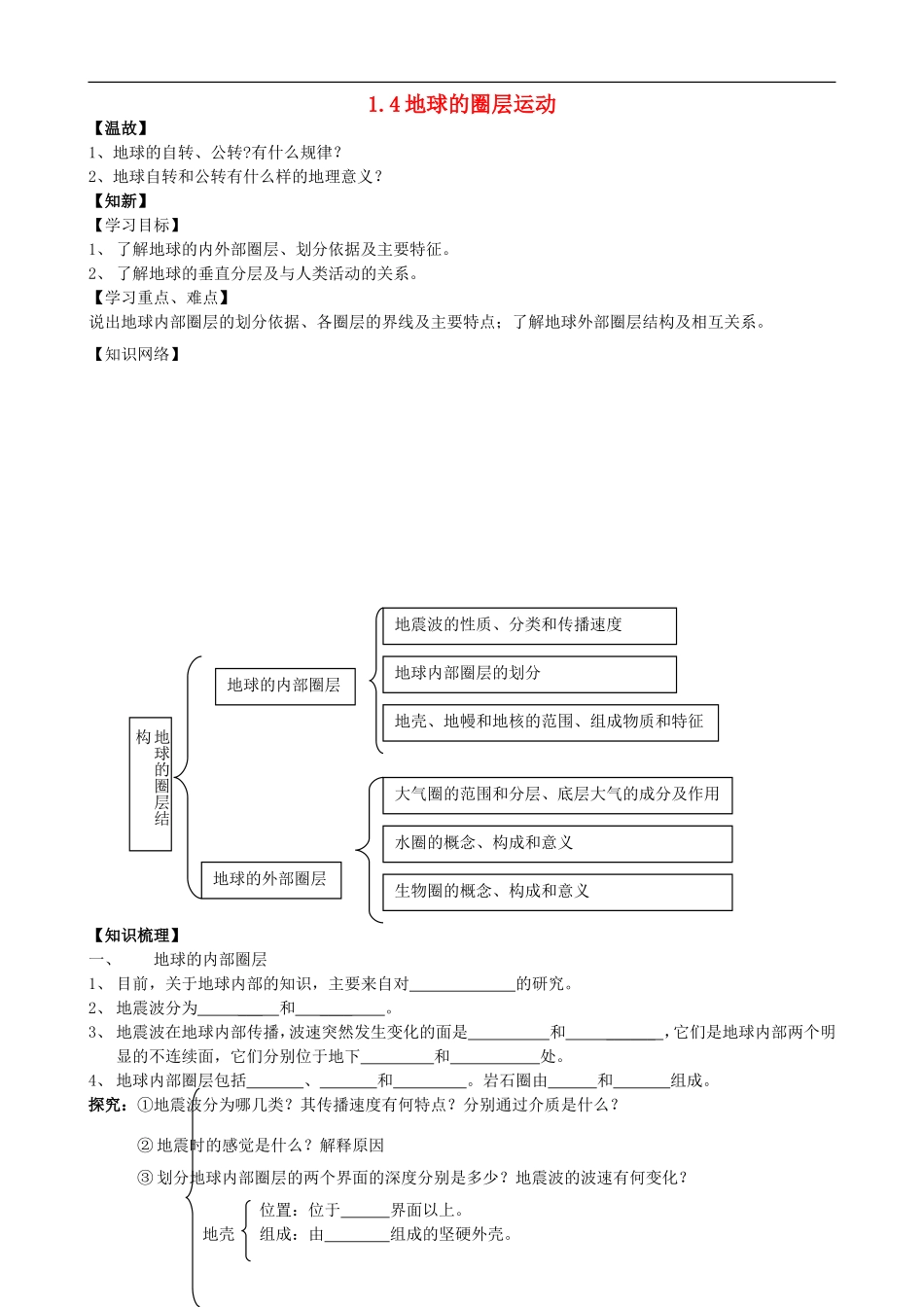 山东省济阳县第一中学高中地理1.4地球的圈层运动学案无答案中图版必修1_第1页