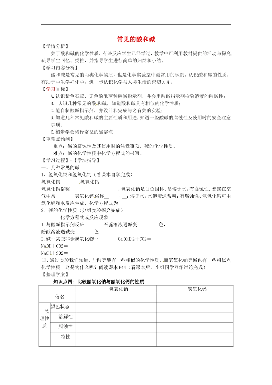 福建省南安市石井镇厚德中学中考化学第7章第2节常见的酸和碱第2课时复习学案无答案_第1页