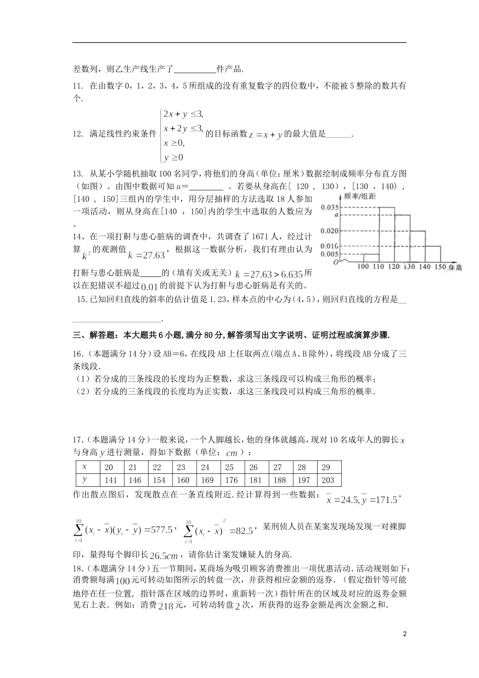 2012届高三数学第二轮复习经典题 二 概率、统计、线性规划、排列组合、二项式定理、算法 新人教A版_第2页
