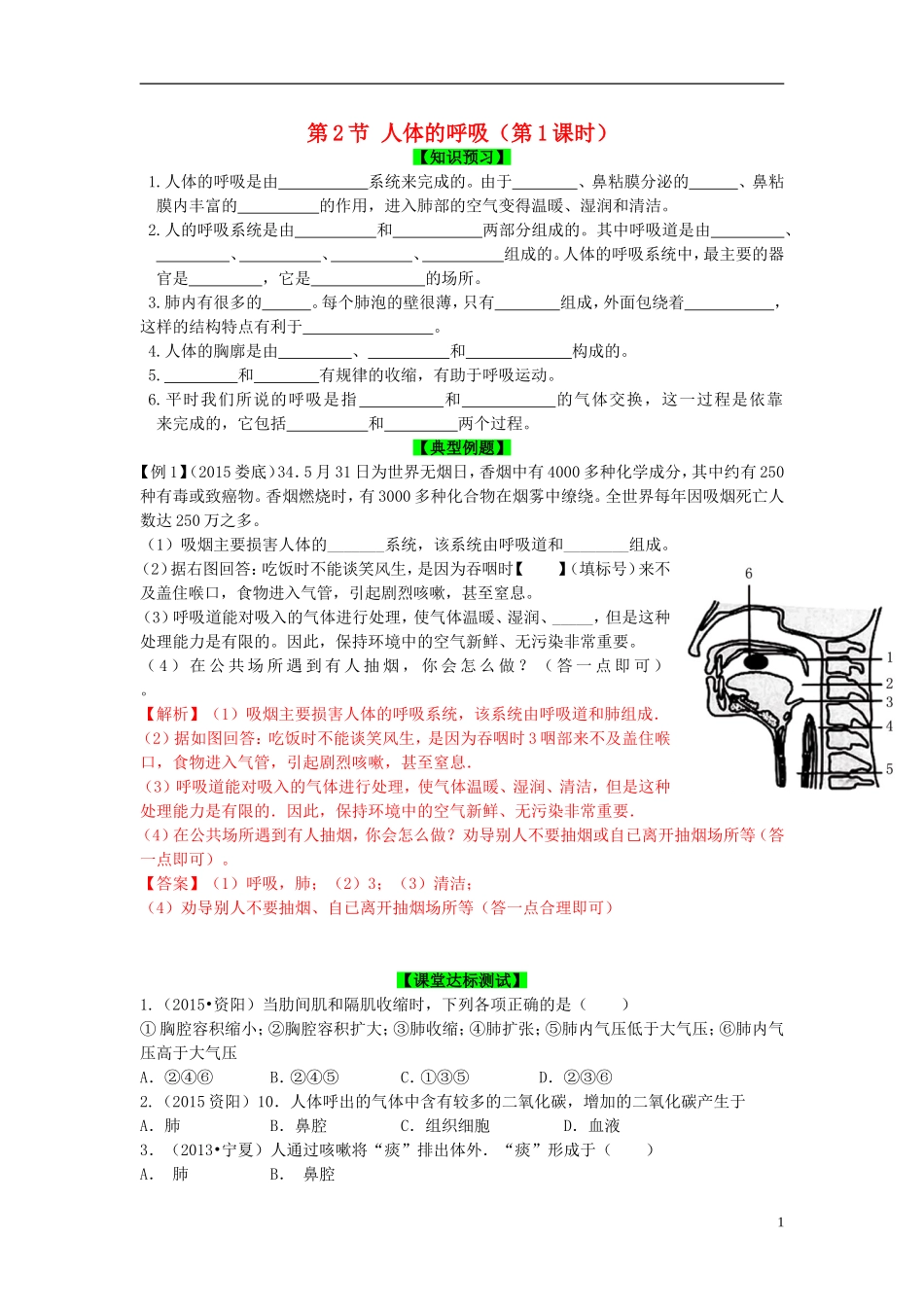 2015秋七年级生物上册第7章第2节人体的呼吸第1课时导学案新版苏科版_第1页