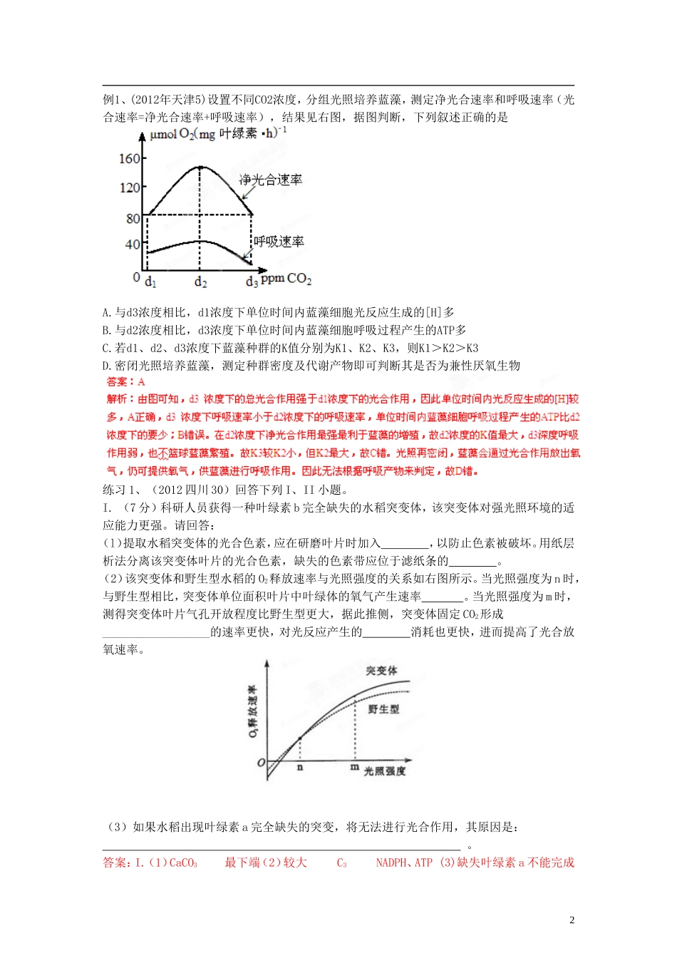 【专项冲击波】2013高考生物 讲练测系列 专题04 光合作用与细胞呼吸（教师版）_第2页